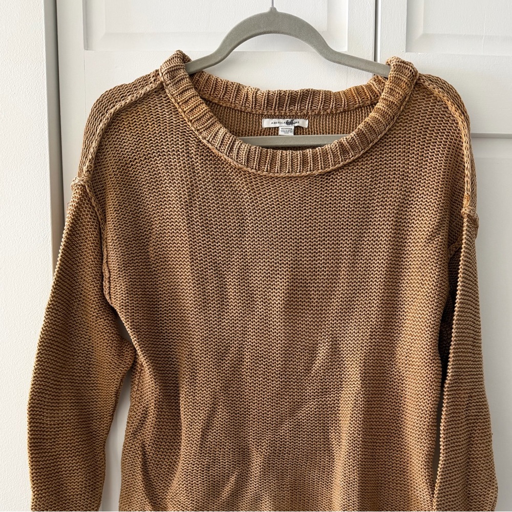 American Eagle 100% Cotton Oversized Knit Sweater XS Camel Slouchy Cozy Neutral - Picture 4 of 10